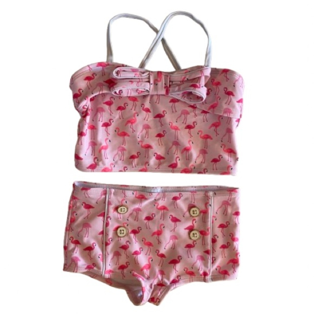 Janie and Jack Pink Flamingo Girls 2 Piece Swimsuit Size 4 Tropical Beach Retro